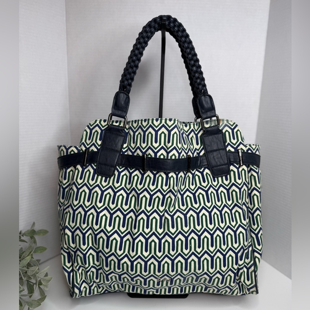 R + J Boho Painted Canvas Large Tote Bag Green & Blue, Thick Braided Handles